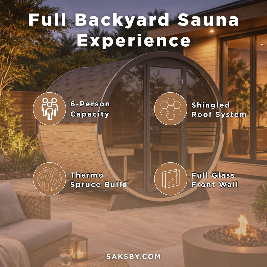 SaunaLife Model EE8G Ergo Series 6-Person Outdoor Sauna Barrel With Tempered Glass Front [SL-MODELEE8G] (SAK95812)
