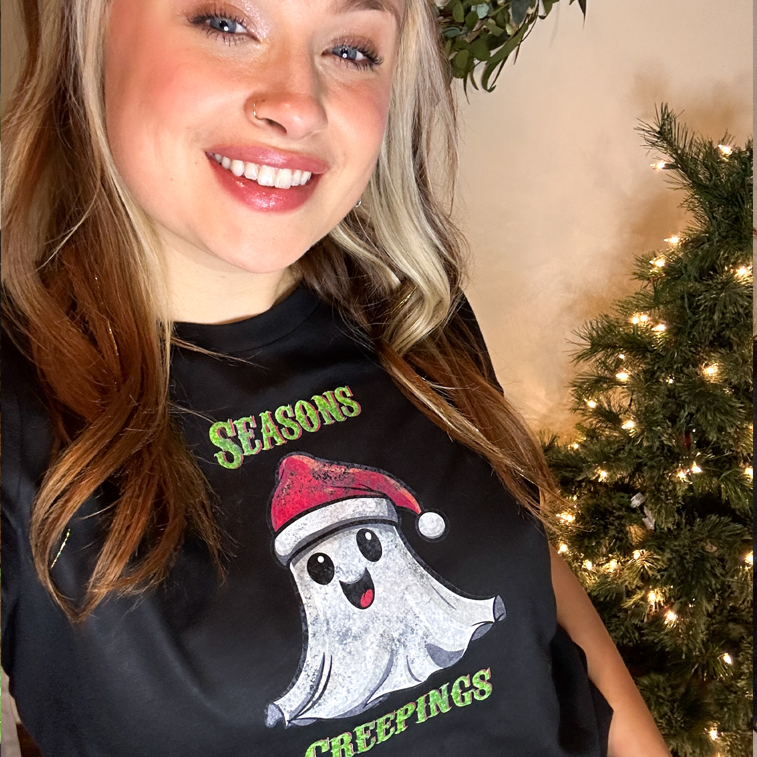 Holiday Christmas Spirit Ghost Black Tee Shirt