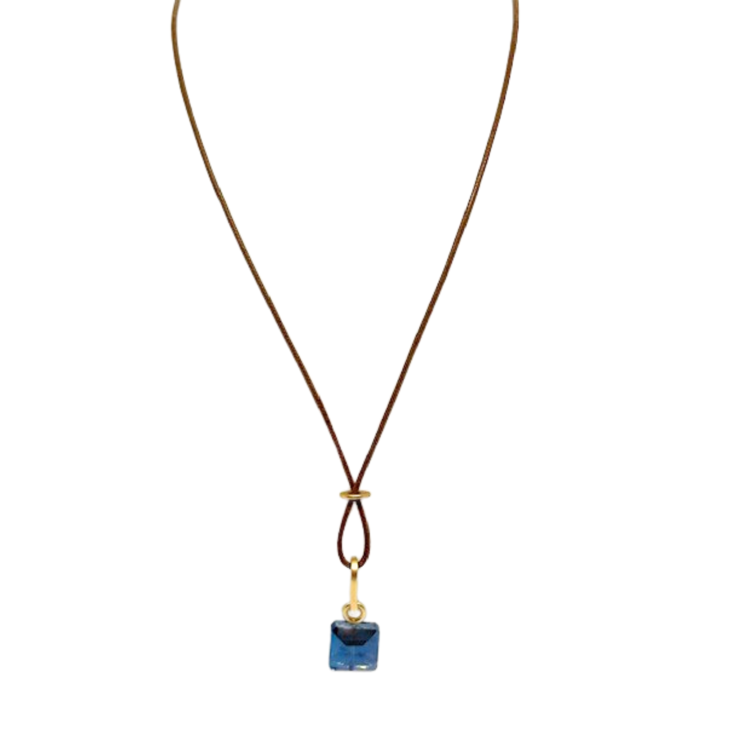 Square Blue Crystal On Bronze Linen Cord