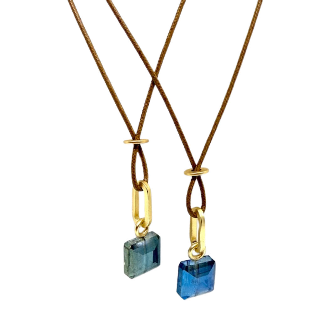Square Blue Crystal On Bronze Linen Cord