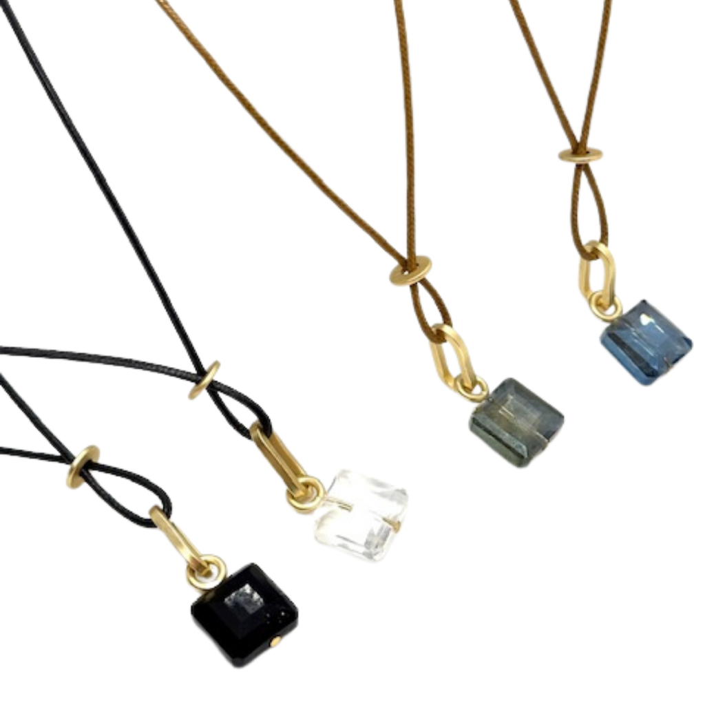 Square Blue Crystal On Bronze Linen Cord