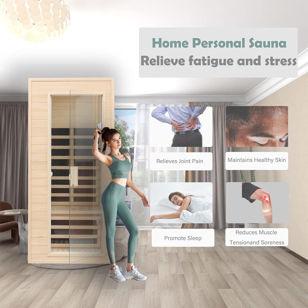 Thermora Elara Premium 1-Person Indoor Low EMF FAR Infrared Heat Hemlock Wood Personal Home Spa Sauna, 1200W (SAK27463)