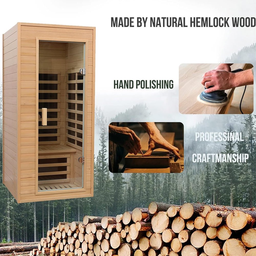Thermora Elara Premium 1-Person Indoor Low EMF FAR Infrared Heat Hemlock Wood Personal Home Spa Sauna, 1200W (SAK27463)