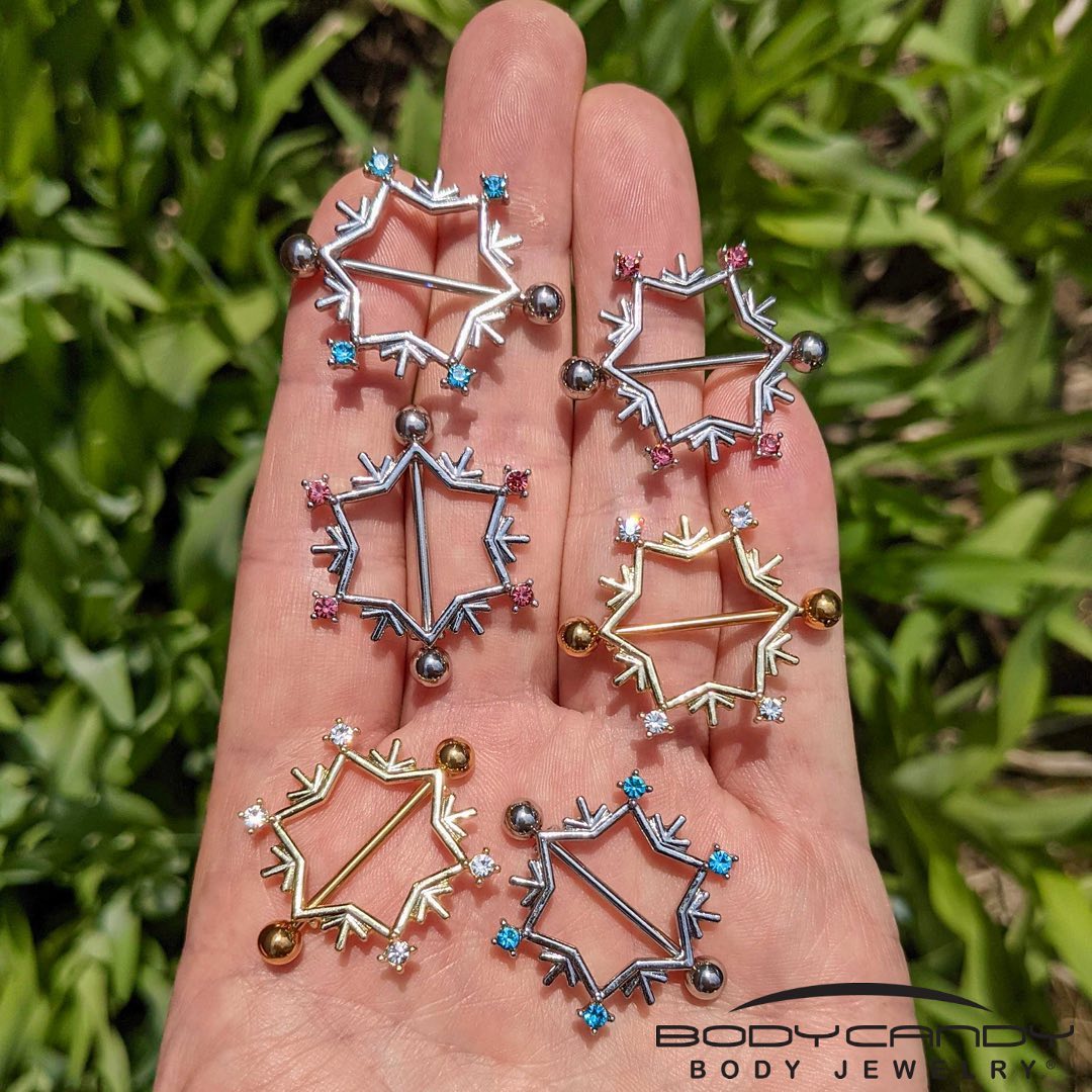 14G 3/4 Pink Gem Snowflake Christmas Nipple Shield Set