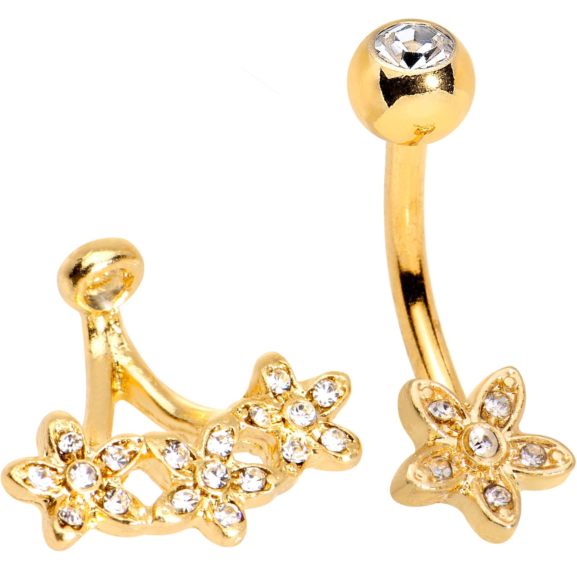 Clear Gem Field of Flowers Gold PVD Dangle Belly Ring