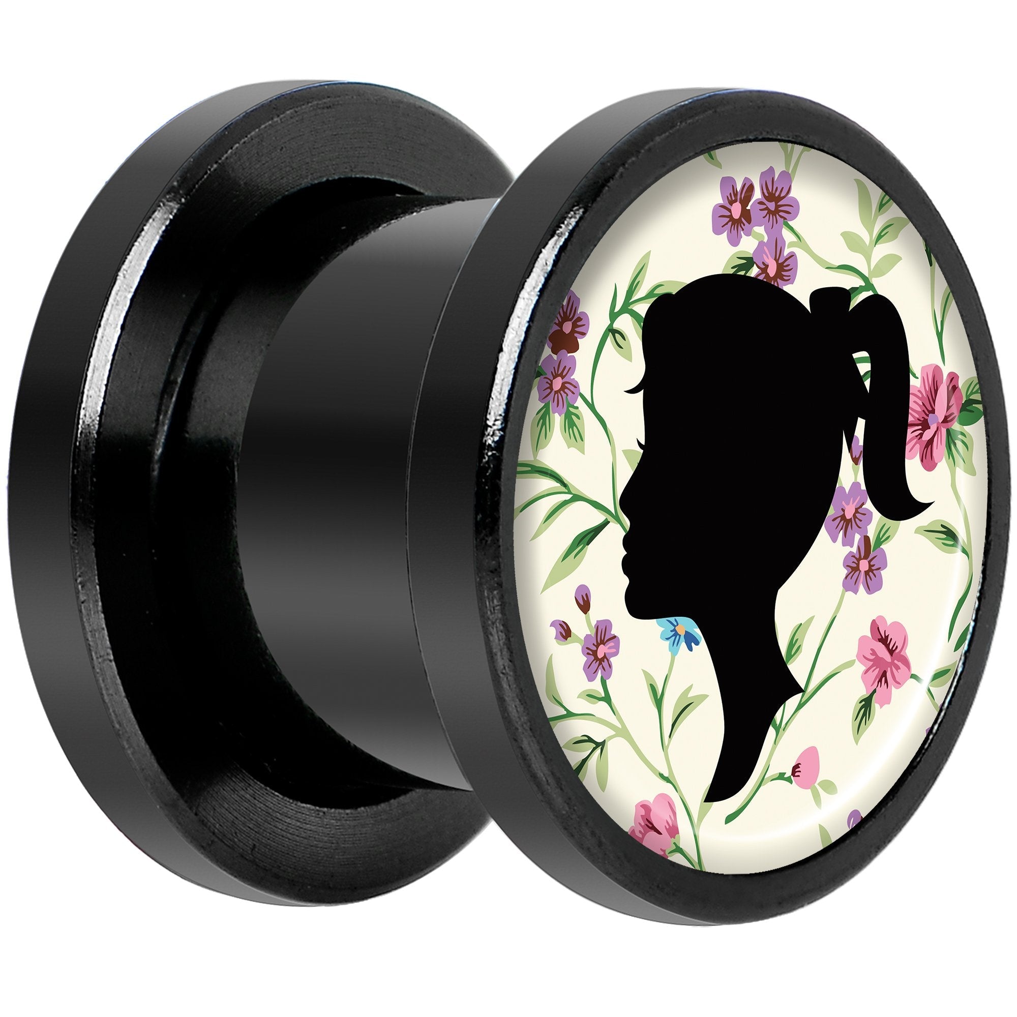 Man Woman Floral Silhouette Black Anodized Screw Fit Plug Set 00G