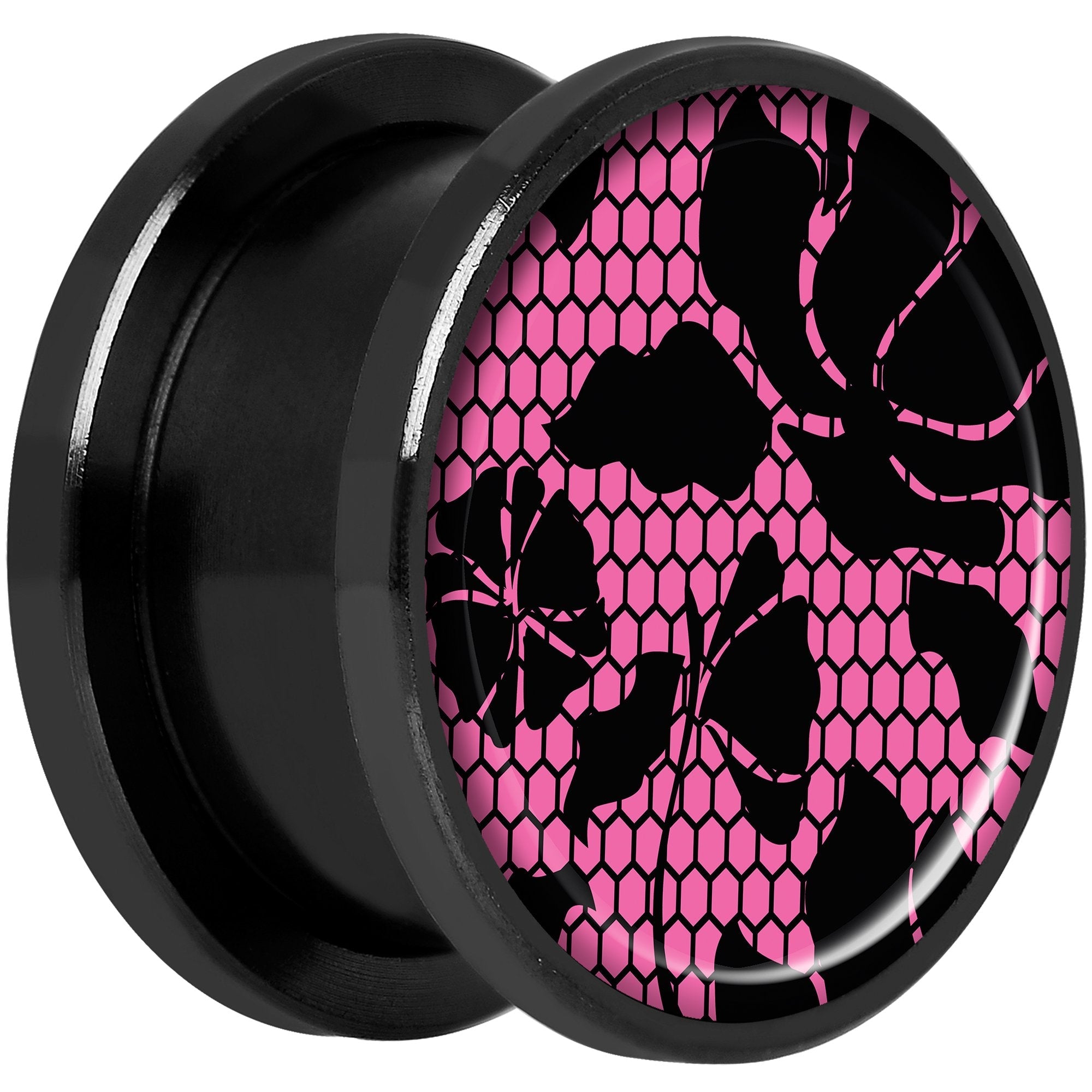 Pink Floral Lace Black Anodized Screw Fit Plug Set 5/8