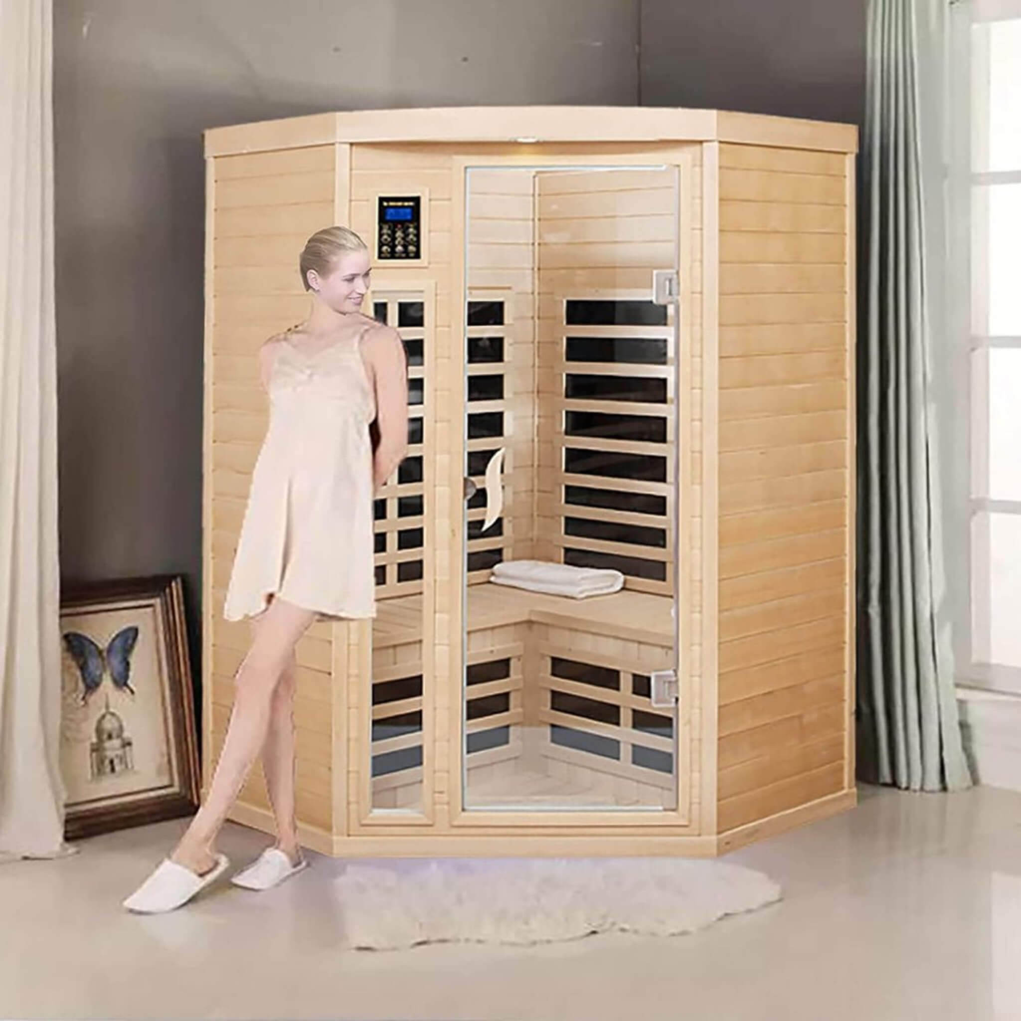 Thermora Laurent Premium 2-Person 1600W Corner Space Infrared Wooden Sauna Room With Bluetooth Speakers (SAK81524)