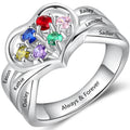 Custom 6 Birthstone Mother's Ring 6 Engraved Names Heart Design