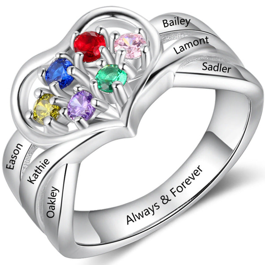Custom 6 Birthstone Mother's Ring 6 Engraved Names Heart Design