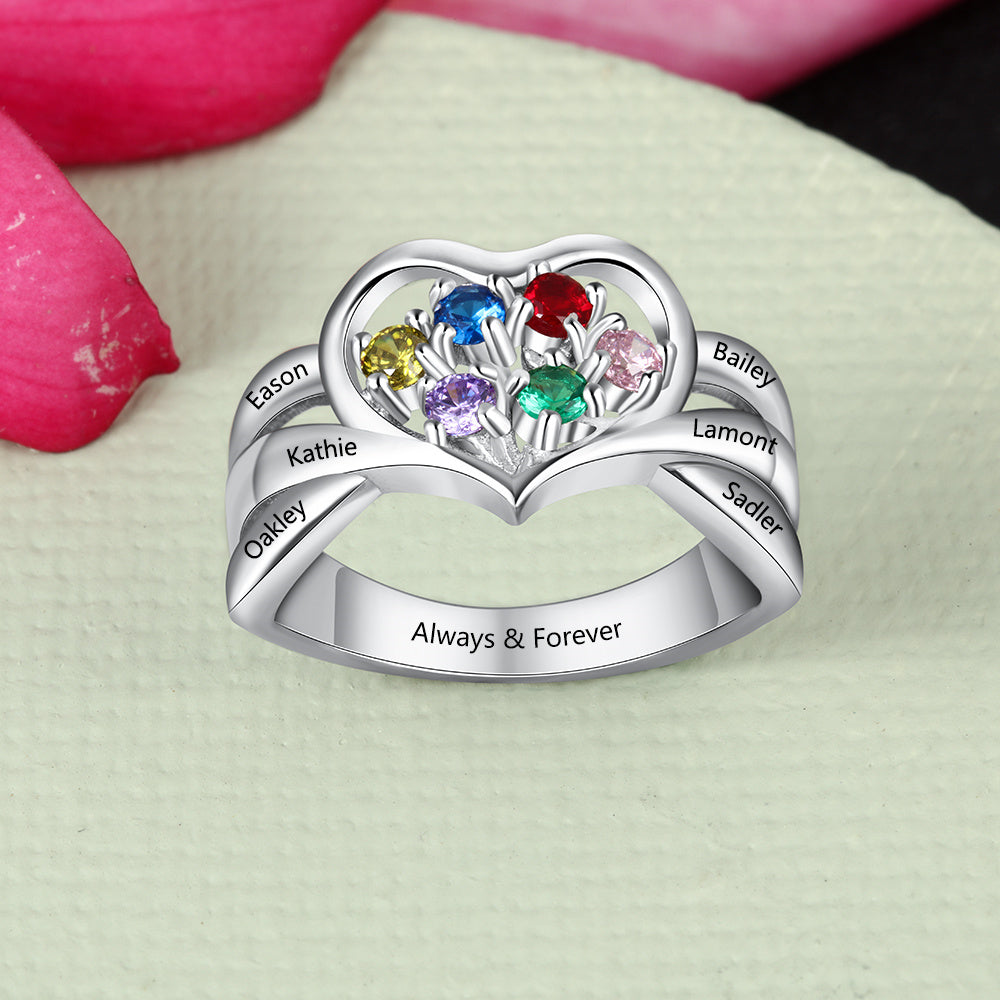 Custom 6 Birthstone Mother's Ring 6 Engraved Names Heart Design