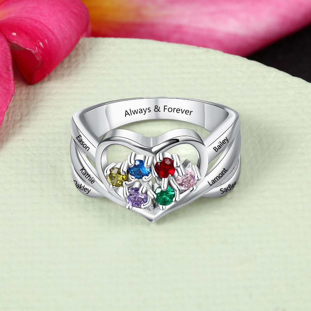 Custom 6 Birthstone Mother's Ring 6 Engraved Names Heart Design