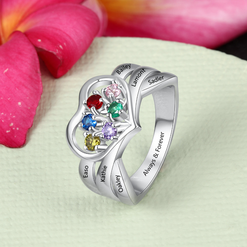 Custom 6 Birthstone Mother's Ring 6 Engraved Names Heart Design