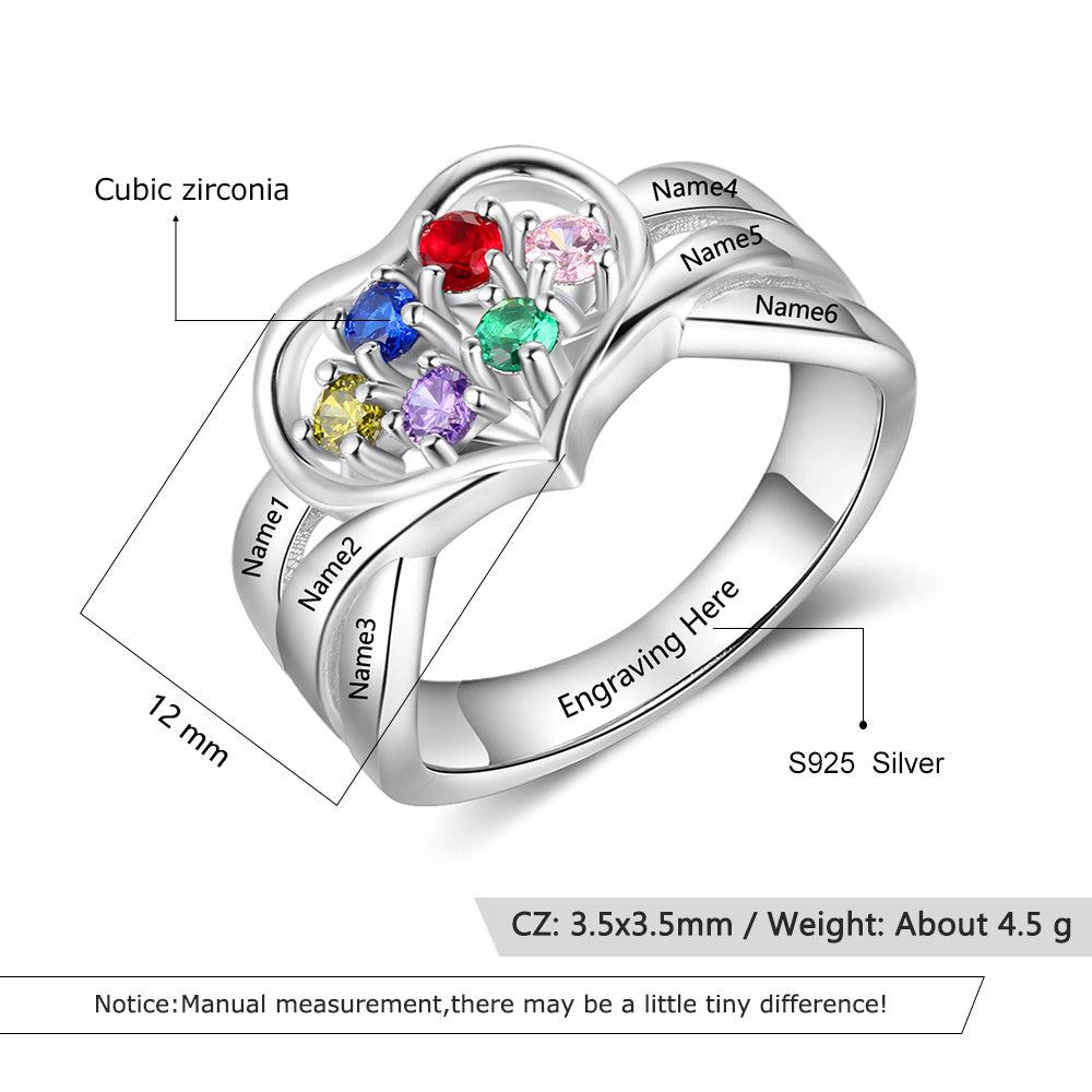 Custom 6 Birthstone Mother's Ring 6 Engraved Names Heart Design