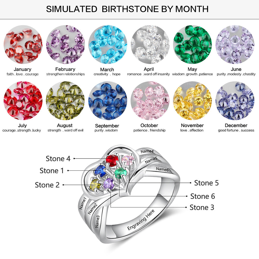 Custom 6 Birthstone Mother's Ring 6 Engraved Names Heart Design