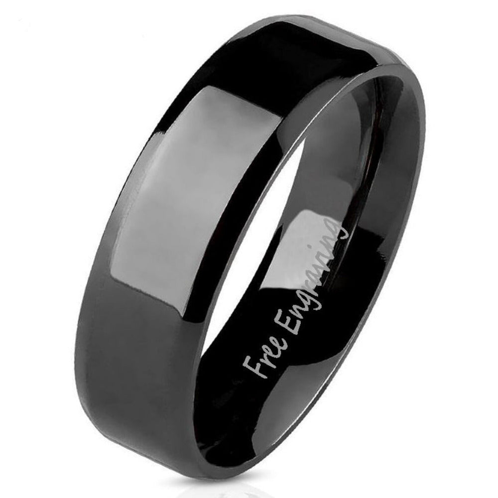 Personalized Women's Promise Ring - Black Beveled Flat Band Stainless Steel