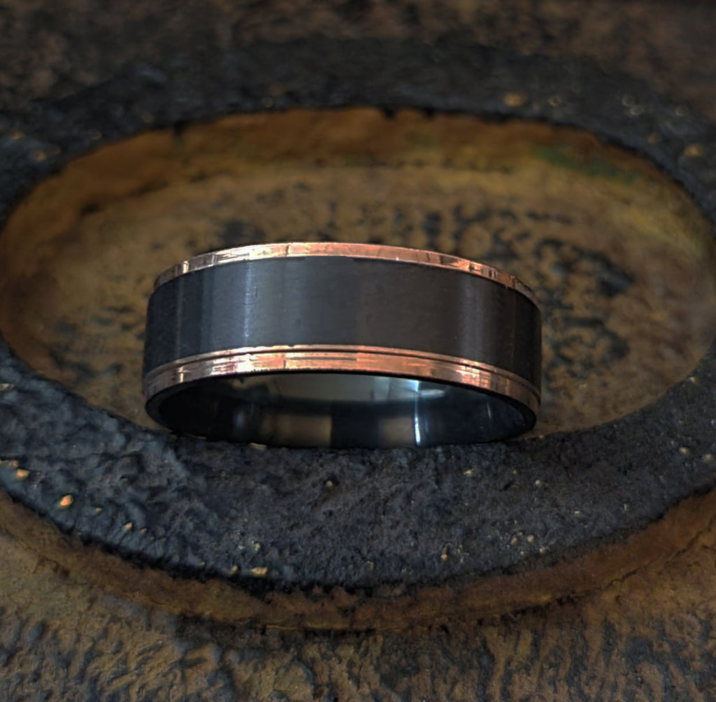 Men's Personalized Black and Rose Gold Promise Ring Rose Gold Edges