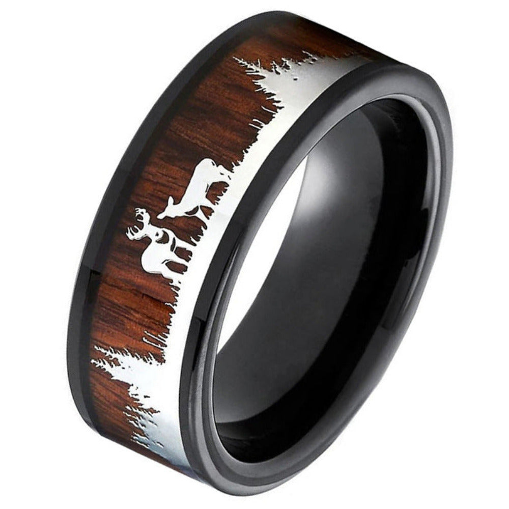 Personalized Men's Deer Hunting Wedding Ring - Wood Inlay