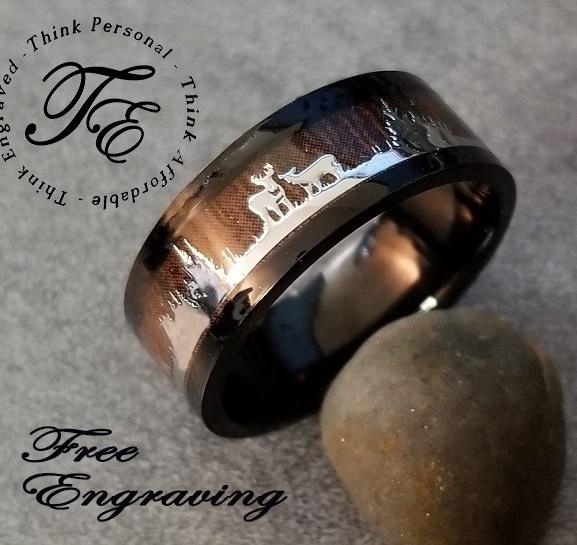 Personalized Men's Deer Hunting Wedding Ring - Wood Inlay