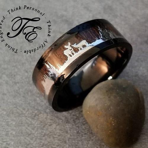 Personalized Men's Deer Hunting Wedding Ring - Wood Inlay
