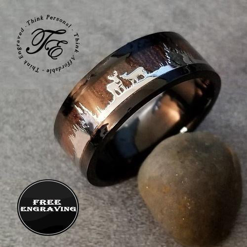 Personalized Men's Deer Hunting Wedding Ring - Wood Inlay