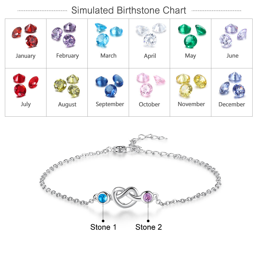 Custom 2 Birthstone Silver Heart Knot Mother's Bracelet - 2 Stone Mom Bracelet