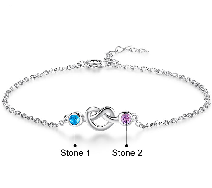 Custom 2 Birthstone Silver Heart Knot Mother's Bracelet - 2 Stone Mom Bracelet