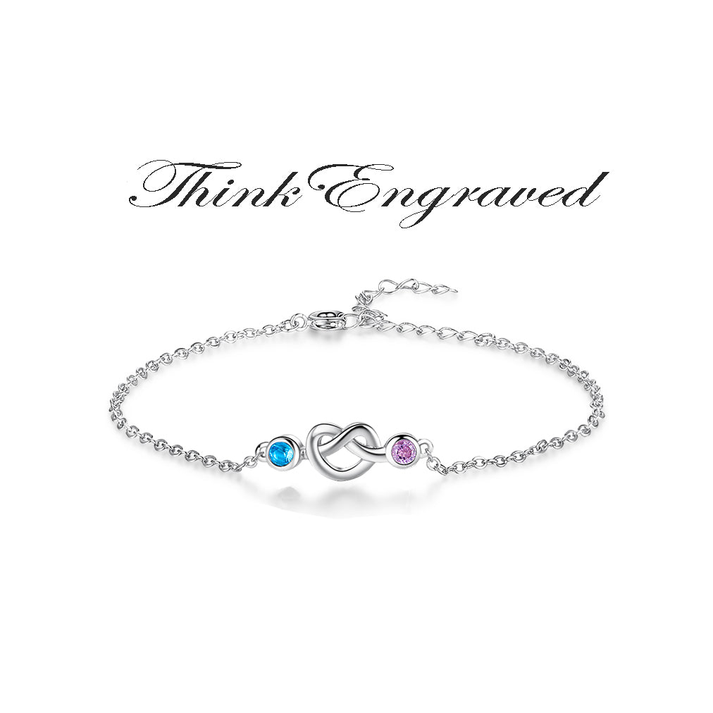 Custom 2 Birthstone Silver Heart Knot Mother's Bracelet - 2 Stone Mom Bracelet