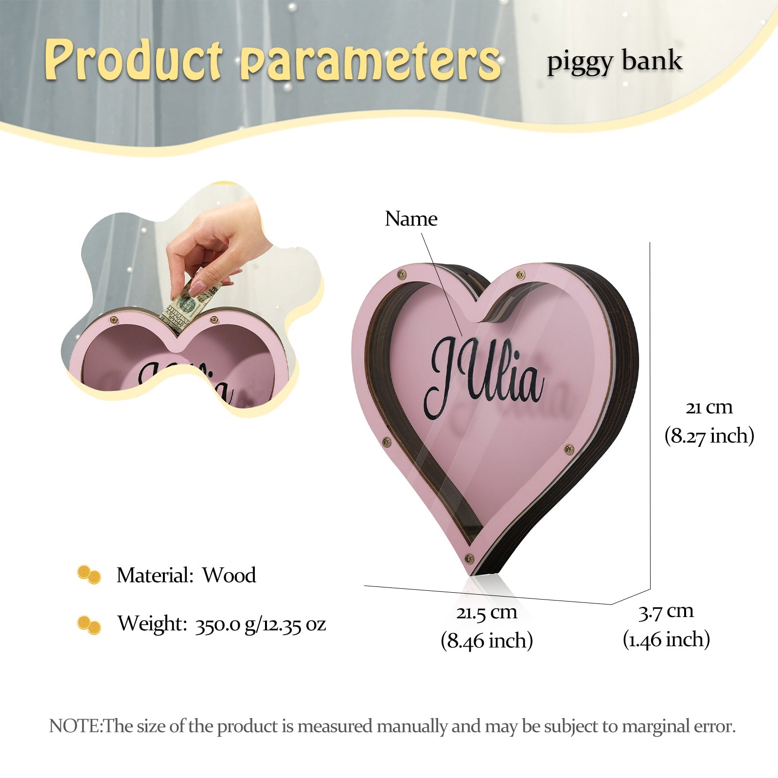 Personalized Handmade Wood Pink Heart Piggy Bank - Name Piggy Bank