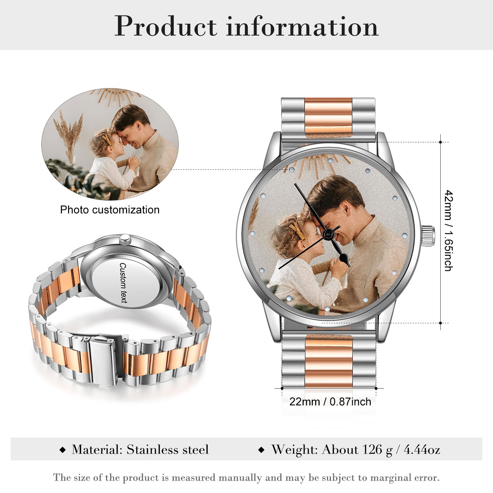 Personalized Men's Photo Watch With Engraving Silver Rose Gold Father's Day
