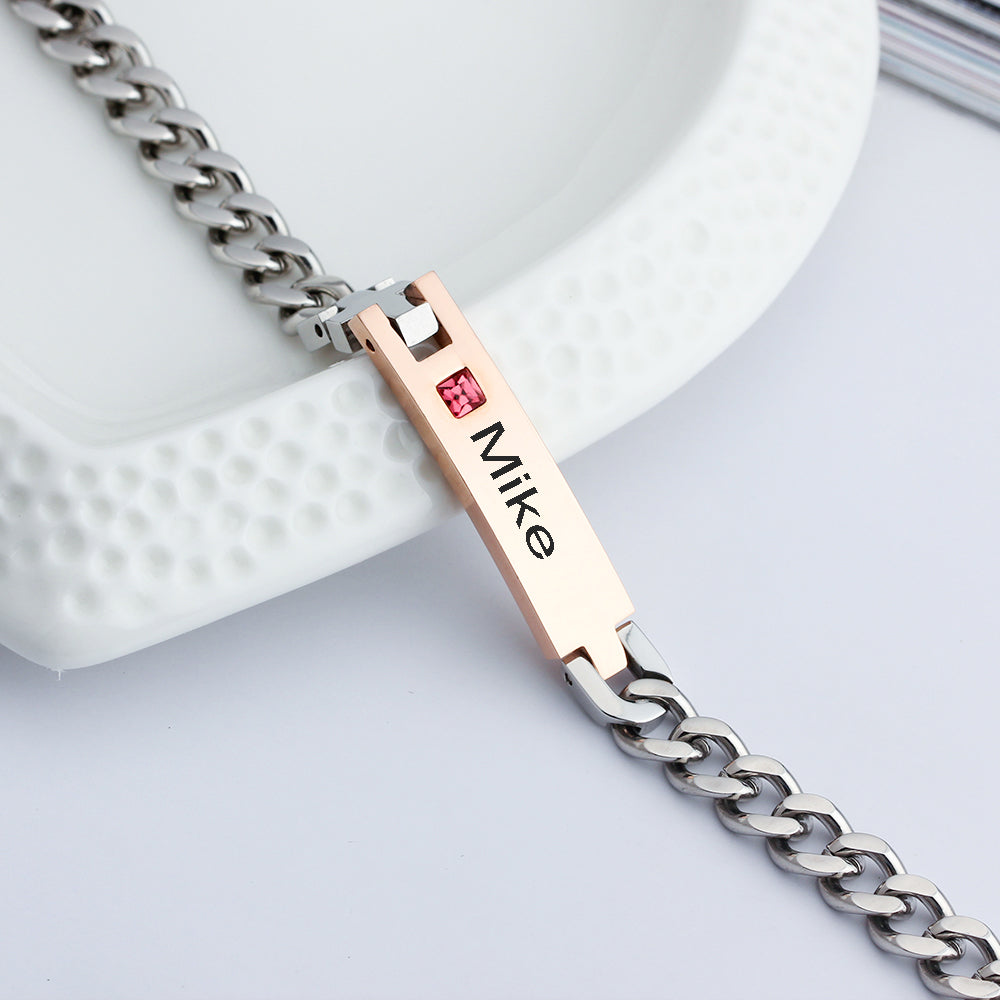 Men's or Women's Custom Engraved Name Bracelet 1 Birthstone Engraved Bracelet
