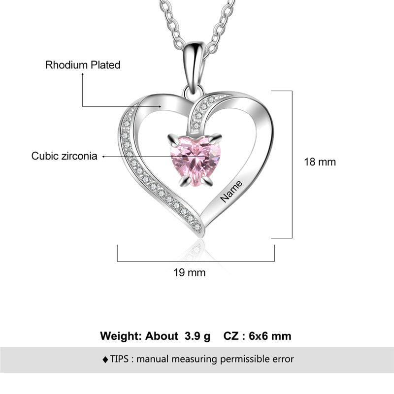 Custom Heart Cut Stone and Engraved Name Heart Pendant Necklace .925 Silver