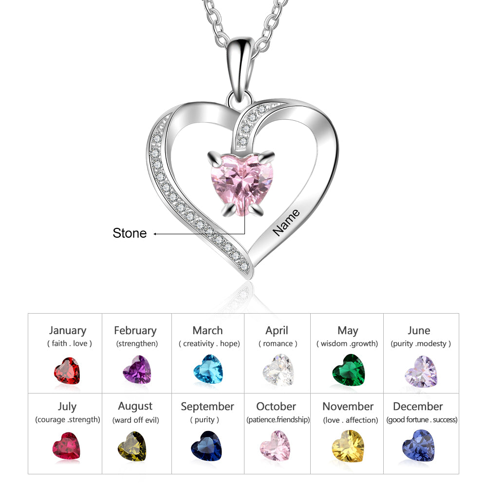 Custom Heart Cut Stone and Engraved Name Heart Pendant Necklace .925 Silver