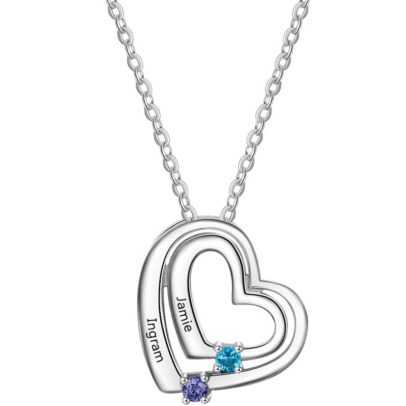 Personalized Mother's Necklace 2 Birthstones 2 Engraved Names Echo Hearts