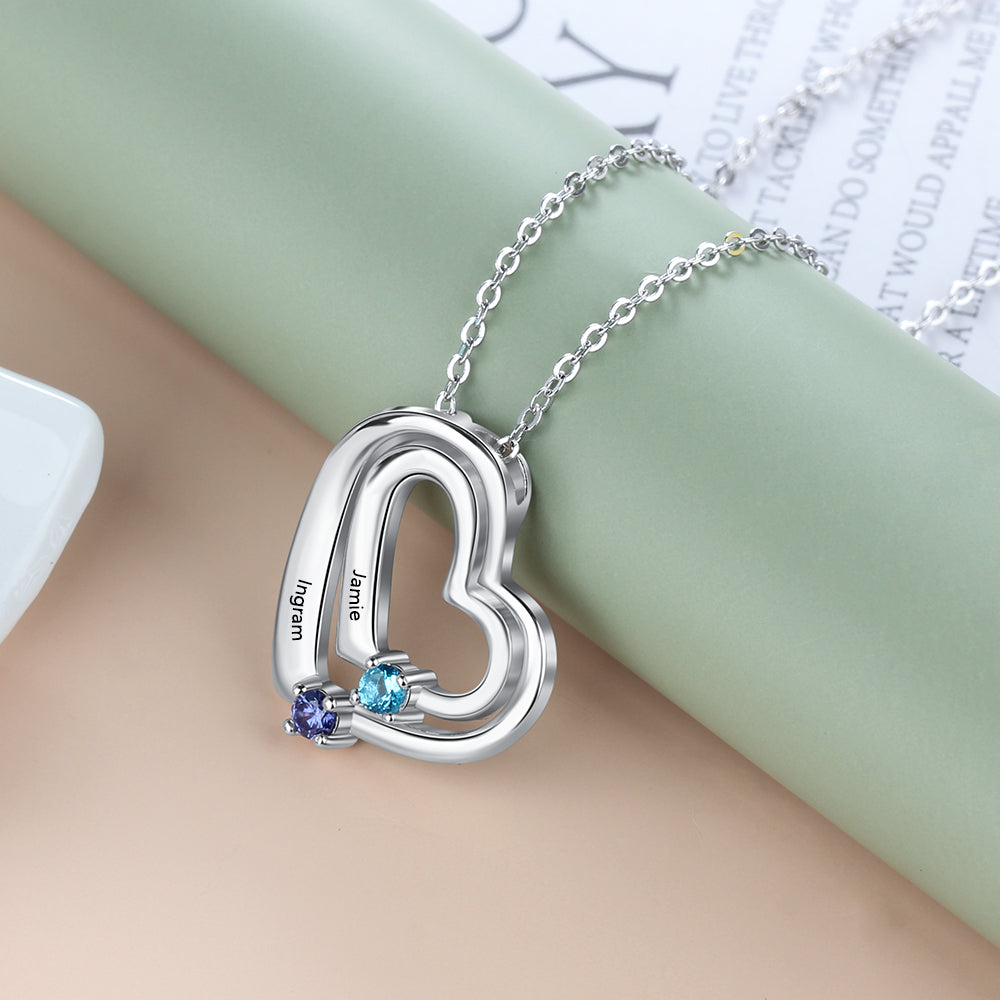 Personalized Mother's Necklace 2 Birthstones 2 Engraved Names Echo Hearts