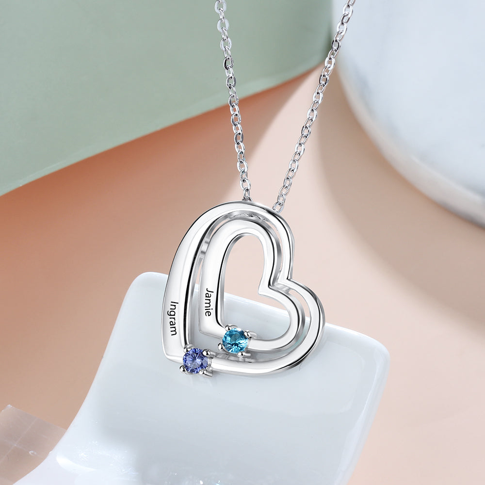 Personalized Mother's Necklace 2 Birthstones 2 Engraved Names Echo Hearts