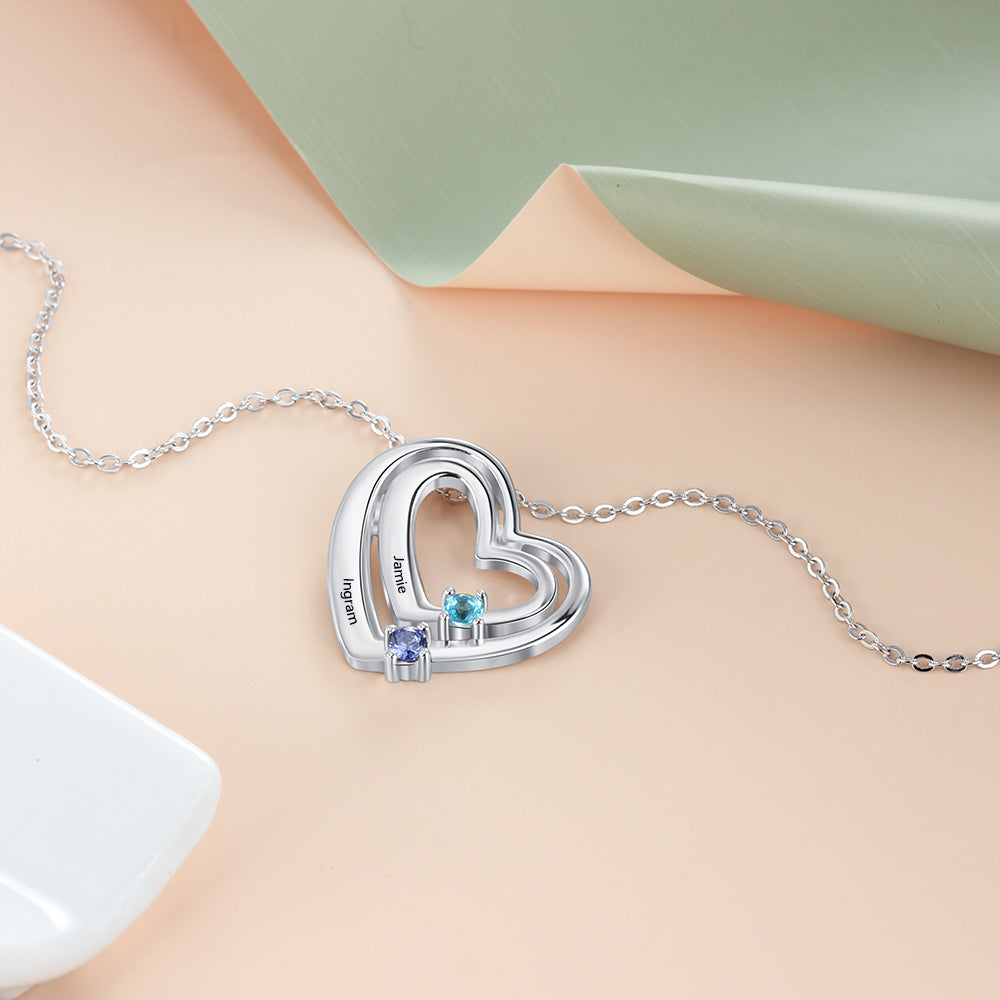 Personalized Mother's Necklace 2 Birthstones 2 Engraved Names Echo Hearts
