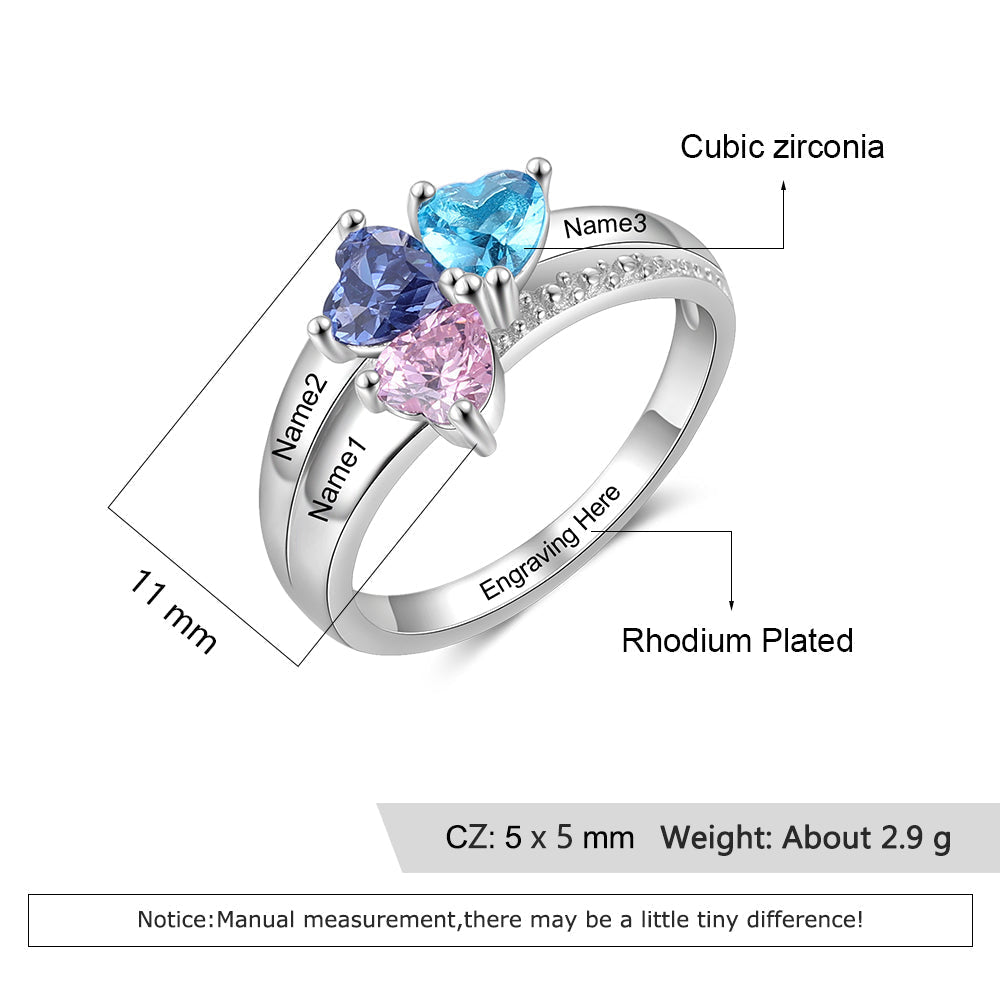 Mother's Ring 3 Heart Birthstones and 3 Engraved Names