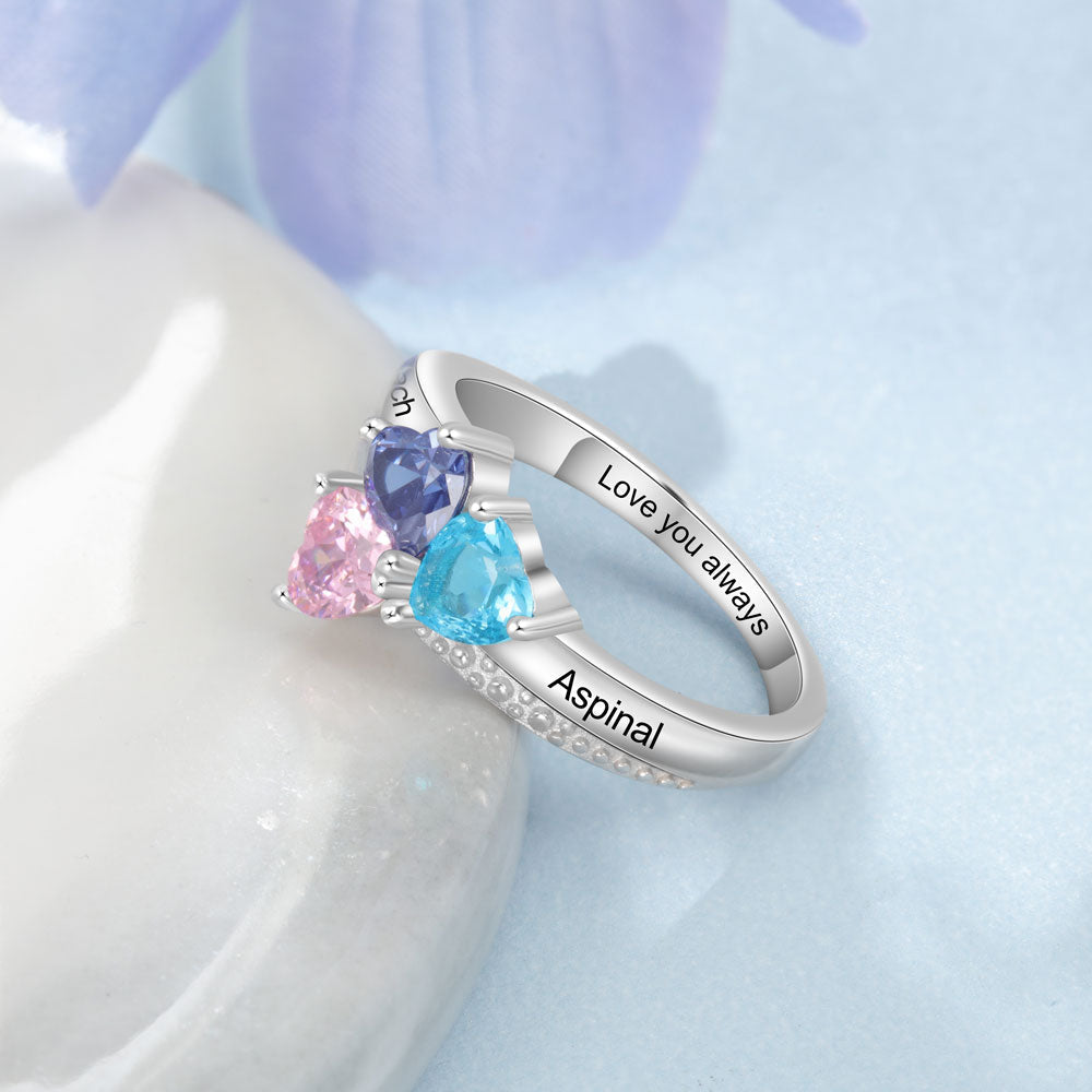 Mother's Ring 3 Heart Birthstones and 3 Engraved Names