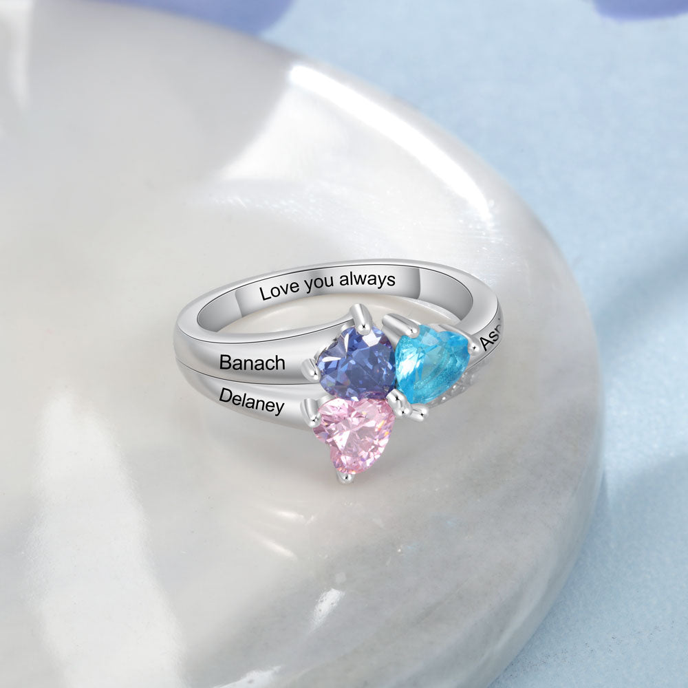 Mother's Ring 3 Heart Birthstones and 3 Engraved Names