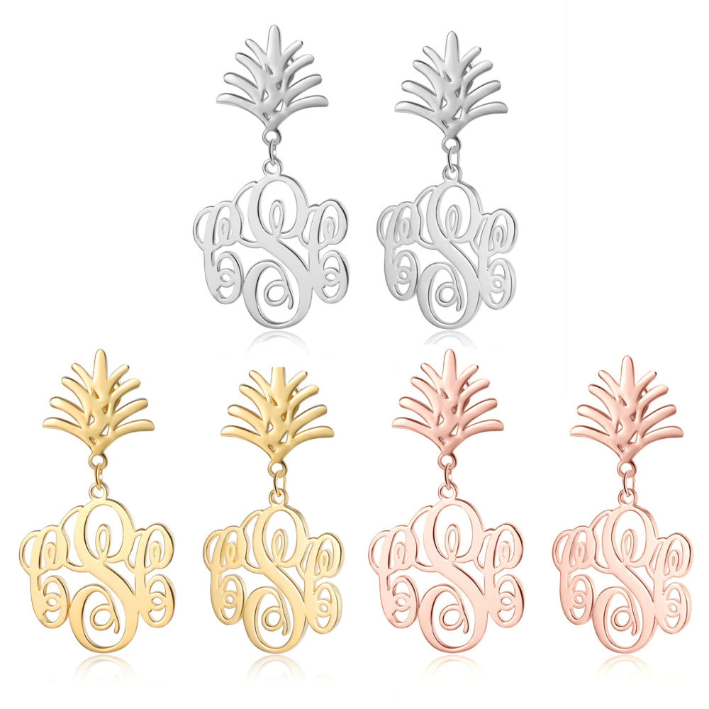 Personalized Monogram Pineapple Name Earrings - Gold, Silver, Rose Gold