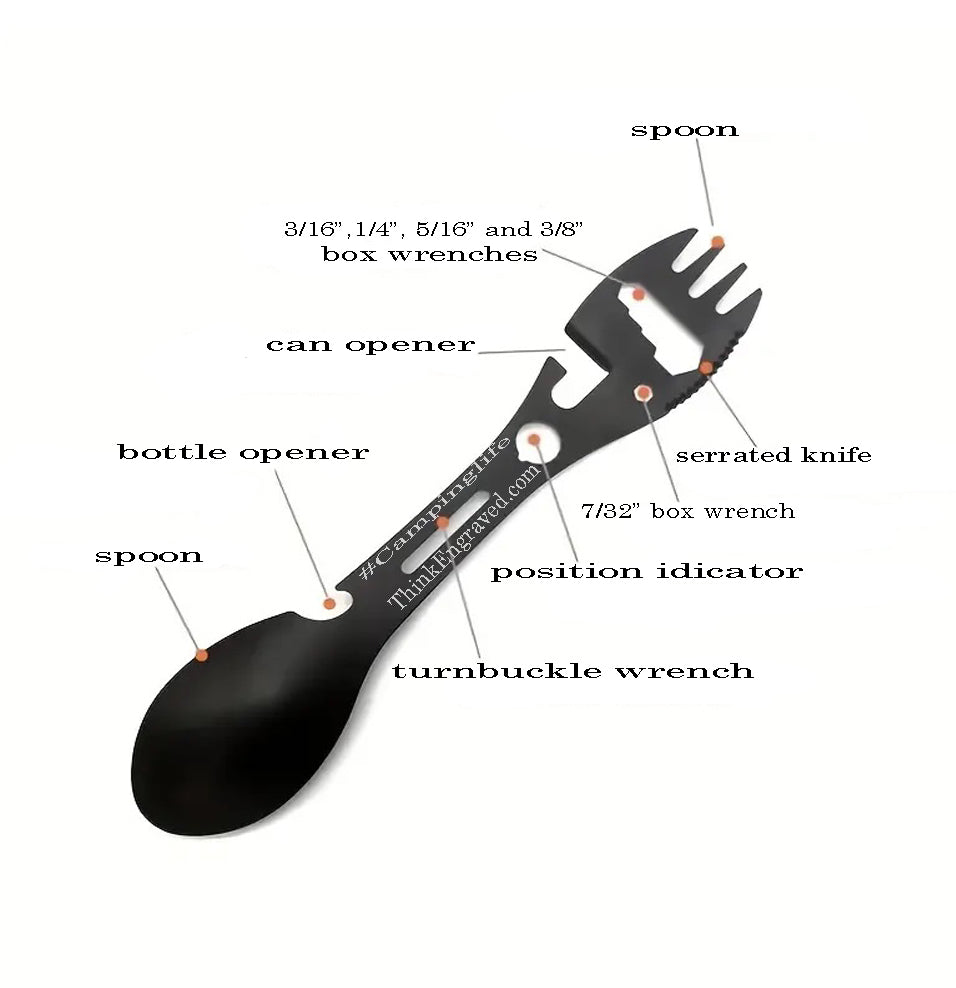 Personalized 12 IN 1 Camping Spoon, Fork Multi Tool With a Wrench Knife and more