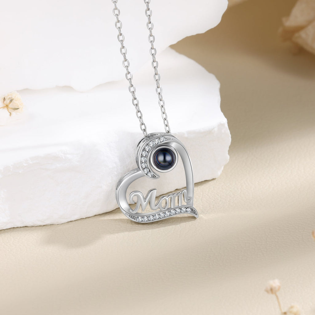 Custom Mom Heart Photo Projection Necklace - Color or Black and White