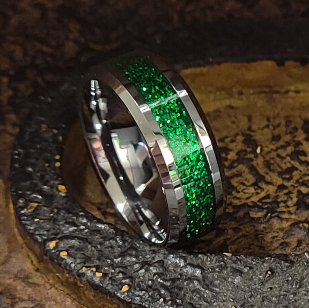Personalized Men's Green Emerald Galaxy Tungsten Promise Ring