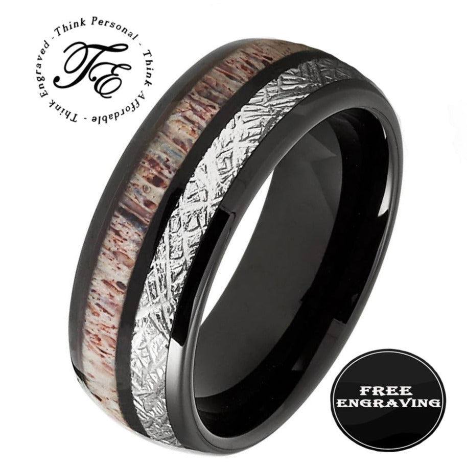 Personalized Men's Meteor and Antler Black Tungsten Promise Ring - Handwriting Ring