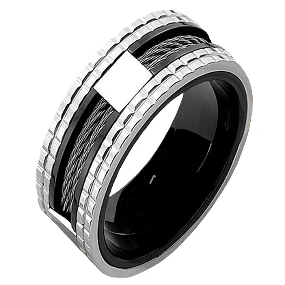 Personalized Men's Wedding Band - Double Wire Cable Inlay Stainless Steel