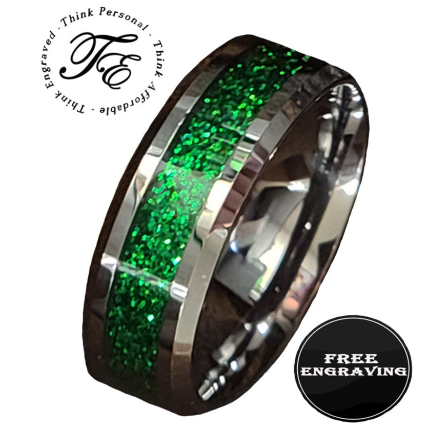 Personalized Men's Green Emerald Galaxy Tungsten Wedding Ring Band