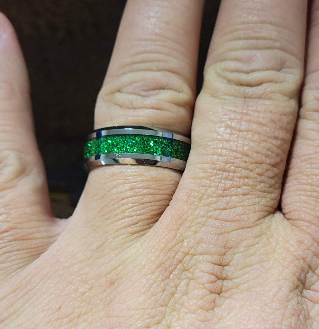 Personalized Men's Green Emerald Galaxy Tungsten Wedding Ring Band
