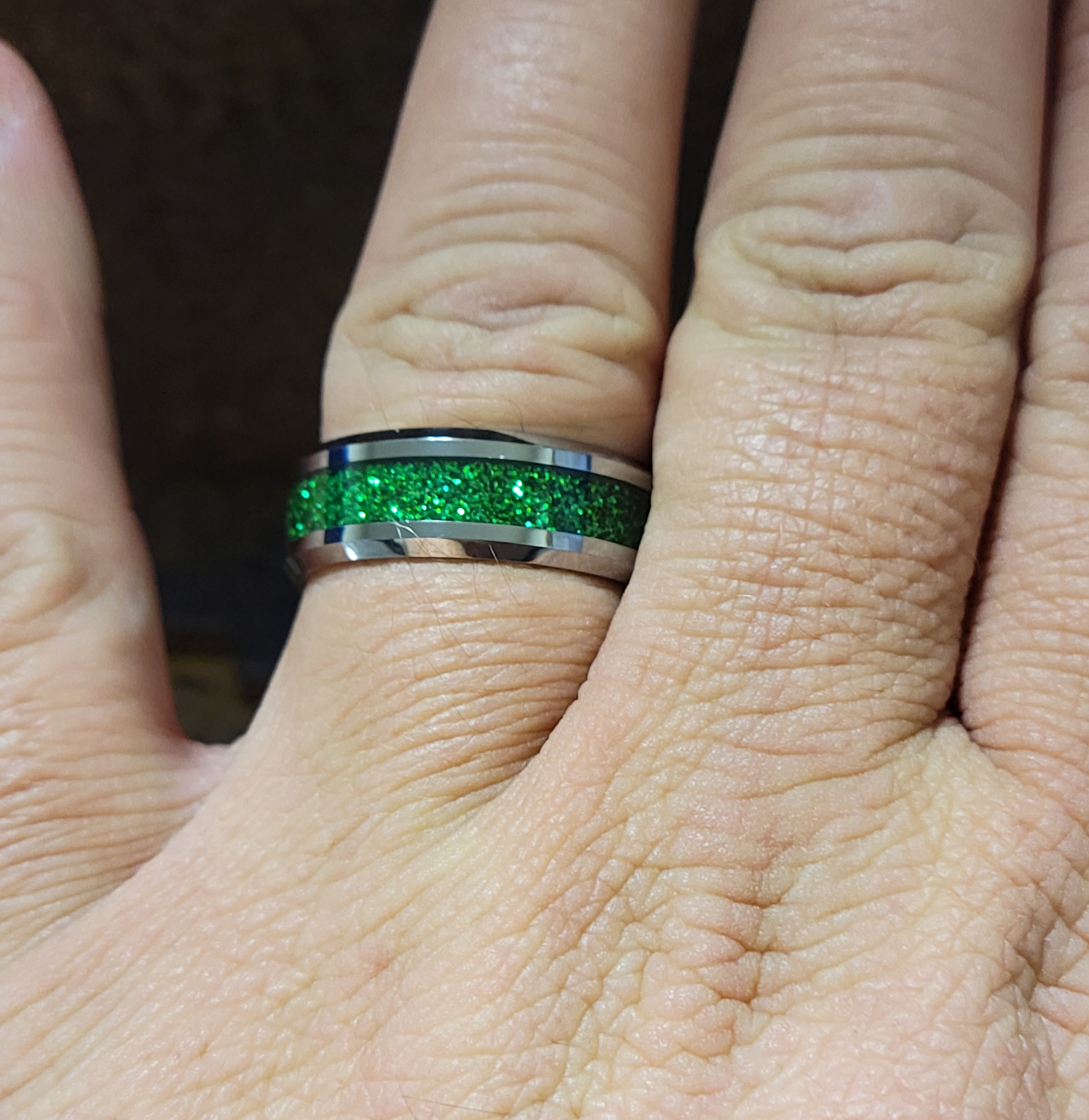 Personalized Men's Green Emerald Galaxy Tungsten Wedding Ring Band
