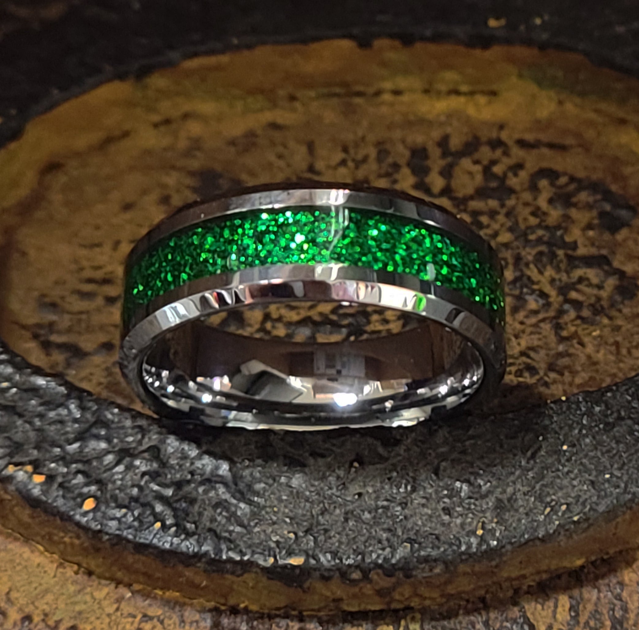 Personalized Men's Green Emerald Galaxy Tungsten Promise Ring